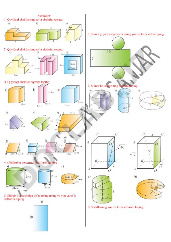 Geometrik shakllarning sirtlari va hajmlarini hisoblash