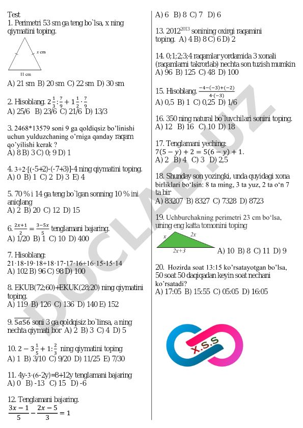 Matematika test savollari va masalalari