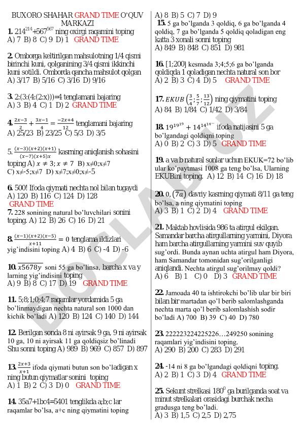 Matematika test savollari va masalalari