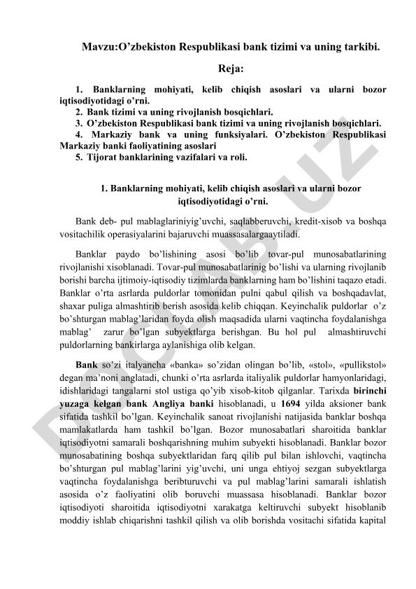 O’zbekiston Respublikasi bank tizimi va uning tarkibi