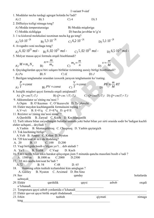 9-sinf fizika fanidan test savollari