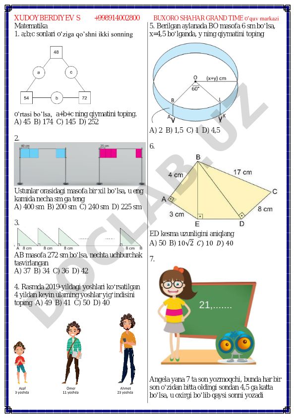 Matematika test savollari va masalalari