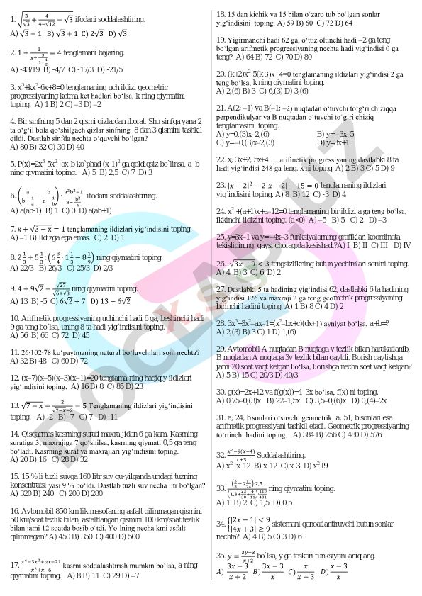 Algebra va matematik masalalar to'plami