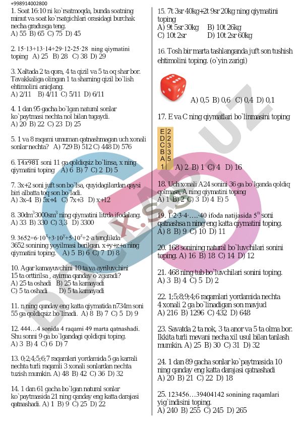 Matematika test savollari va masalalari
