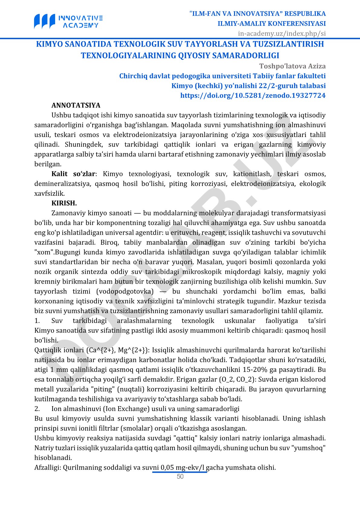 Kimyo sanoatida texnologik suv tayyorlash va tuzsizlantirish texnologiyalarining qiyosiy samaradorligi