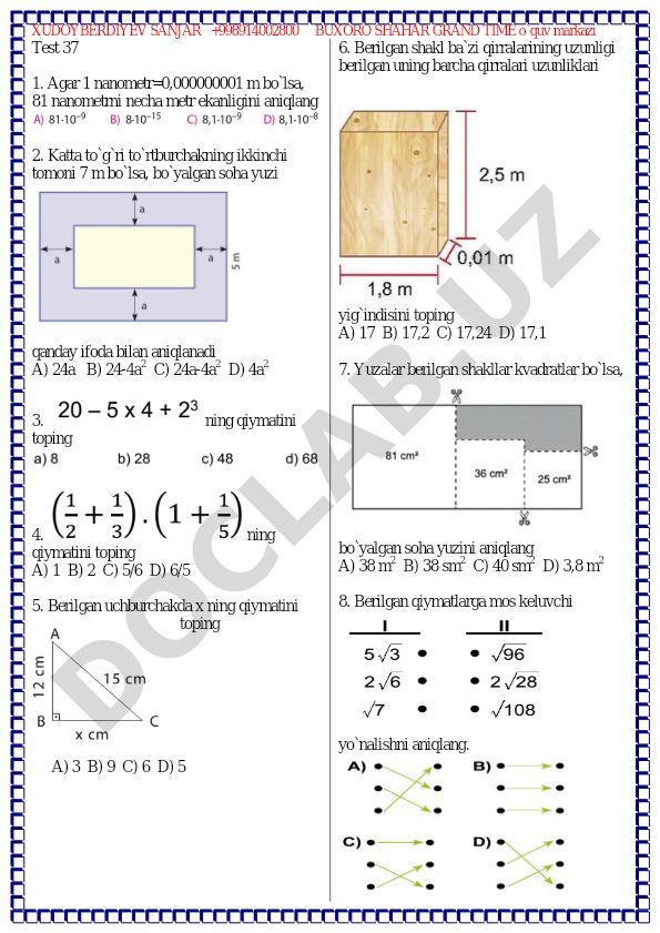 Matematika test savollari va masalalari