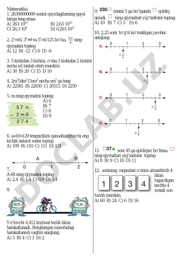 Matematika test savollari va masalalari