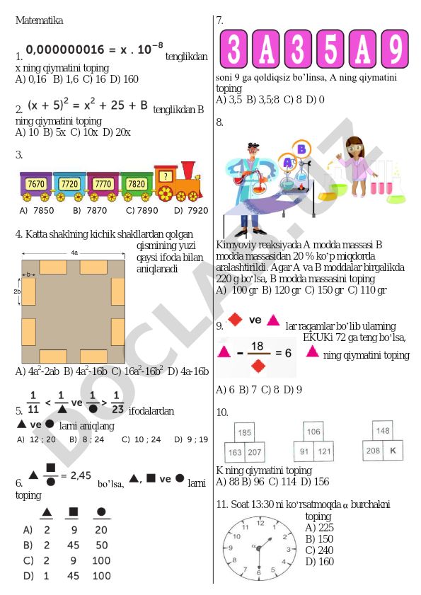 Matematika test savollari va masalalari