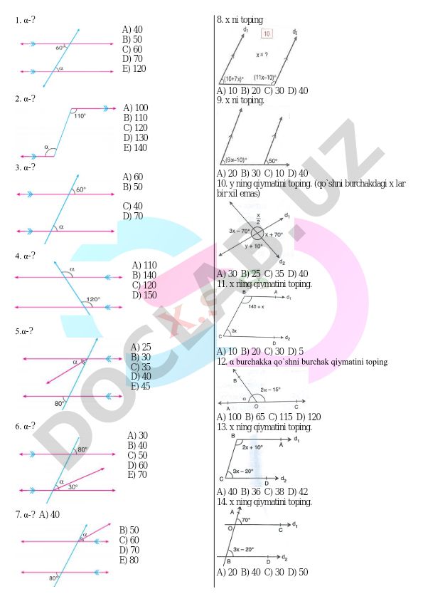 Geometriya test savollari: burchaklar va to'g'ri chiziqlar