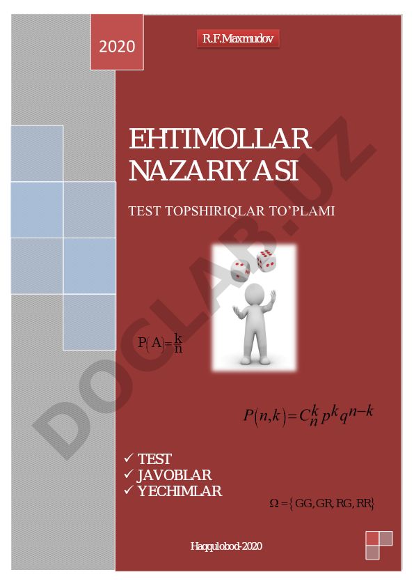 Ehtimollar nazariyasi test topshiriqlar to'plami