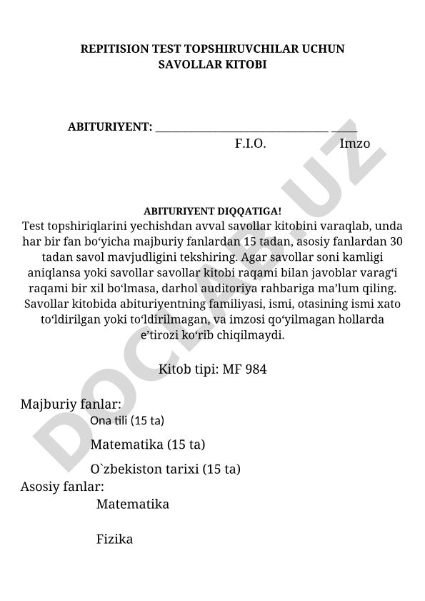 Variant-10009 test topshiruvchilar uchun savollar kitobi