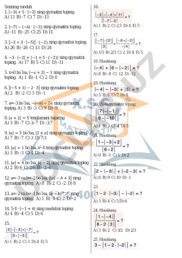 Sonning moduli bo'yicha matematik masalalar to'plami