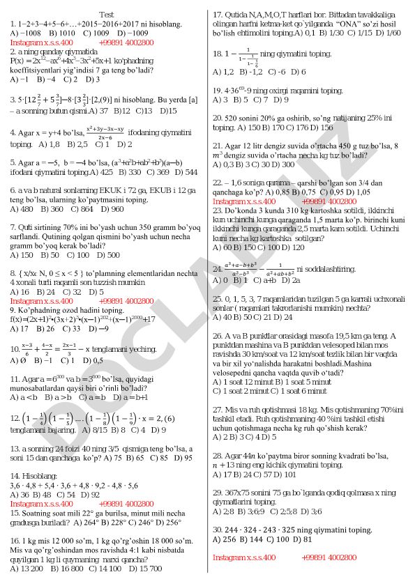 Matematika test savollari va masalalari