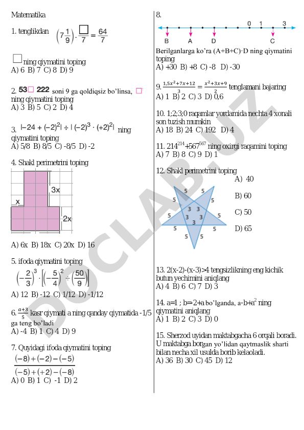 Matematika test savollari va masalalari