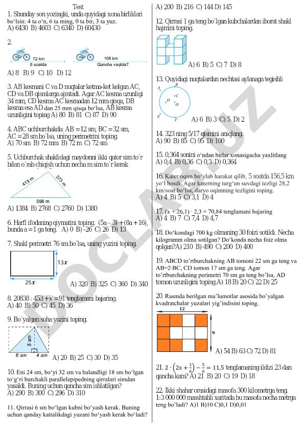 Matematika test savollari va masalalari