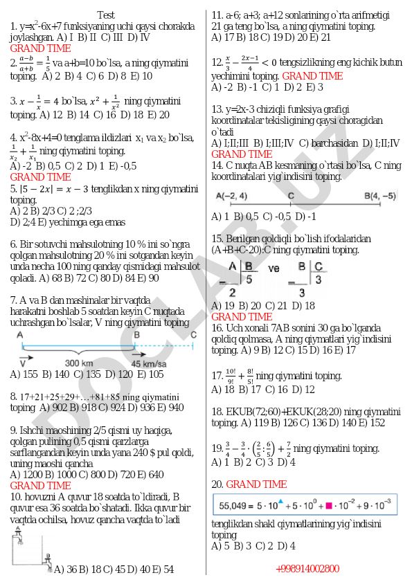 Matematika test savollari va masalalari