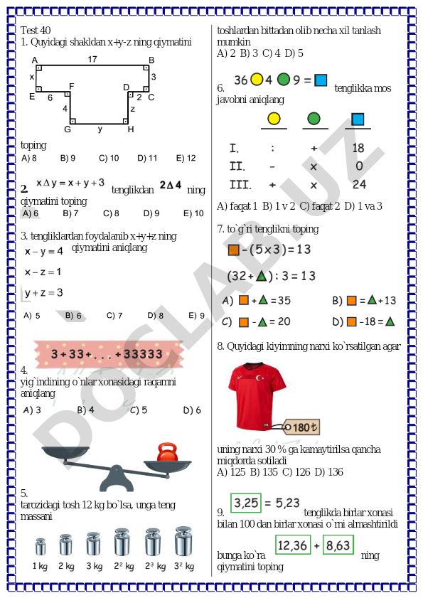 Matematika test savollari va masalalari