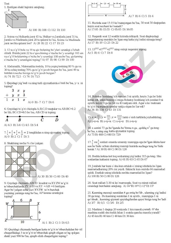 Matematika test savollari va masalalari