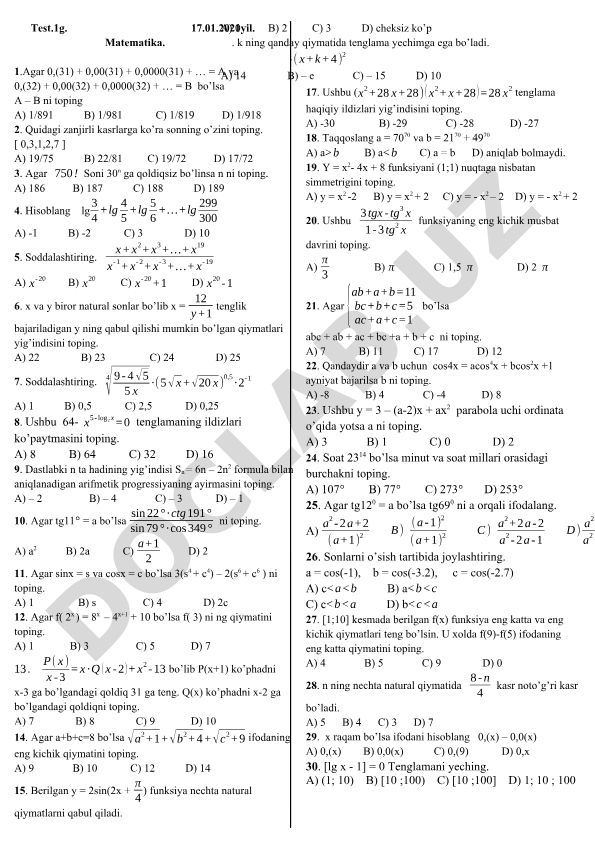 Matematika test savollari va masalalari