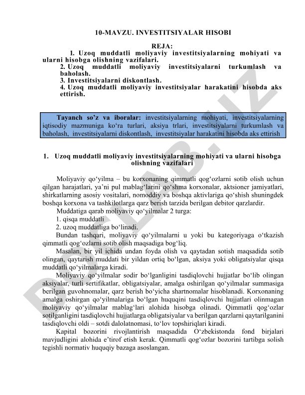 Uzoq muddatli moliyaviy investitsiyalar hisobi va ularni baholash