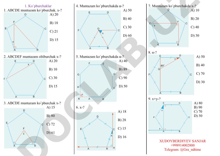 Muntazam ko'pburchaklar bo'yicha test savollari