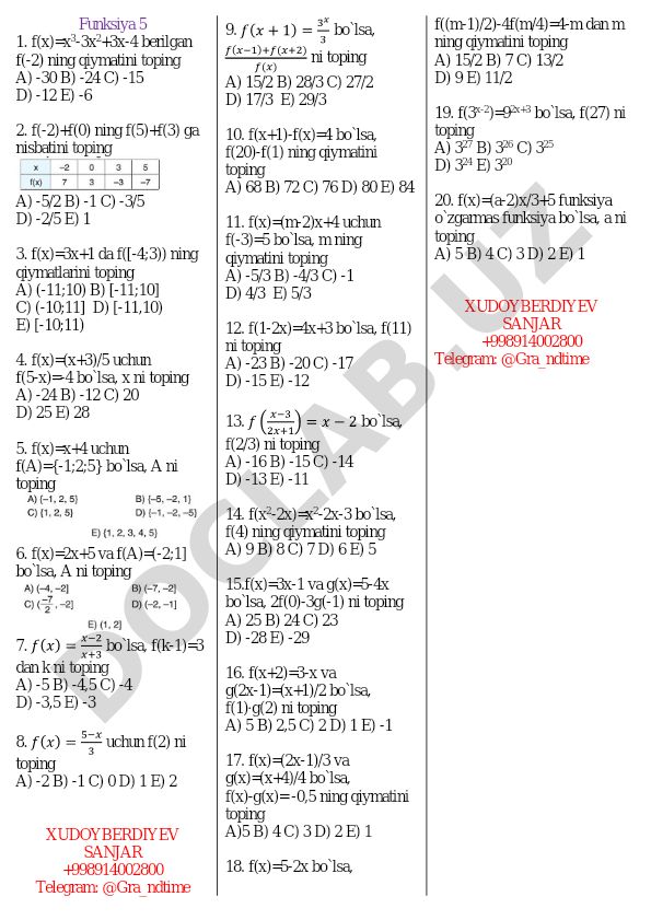 Funksiyalar bo'yicha matematik masalalar to'plami