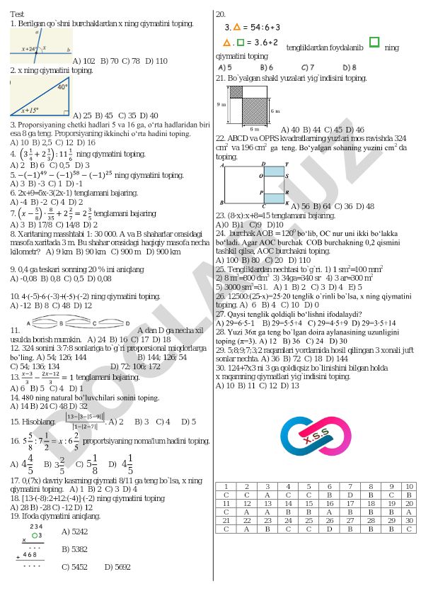 Matematika test savollari