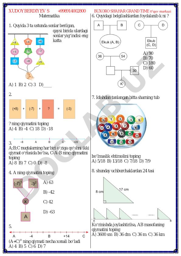 Matematika test savollari va masalalari