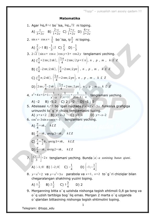 Matematika test savollari va masalalari