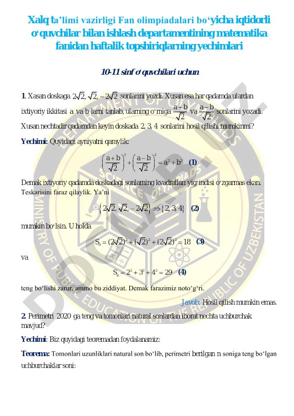 Matematika fanidan haftalik topshiriqlar yechimlari 10-11 sinflar uchun