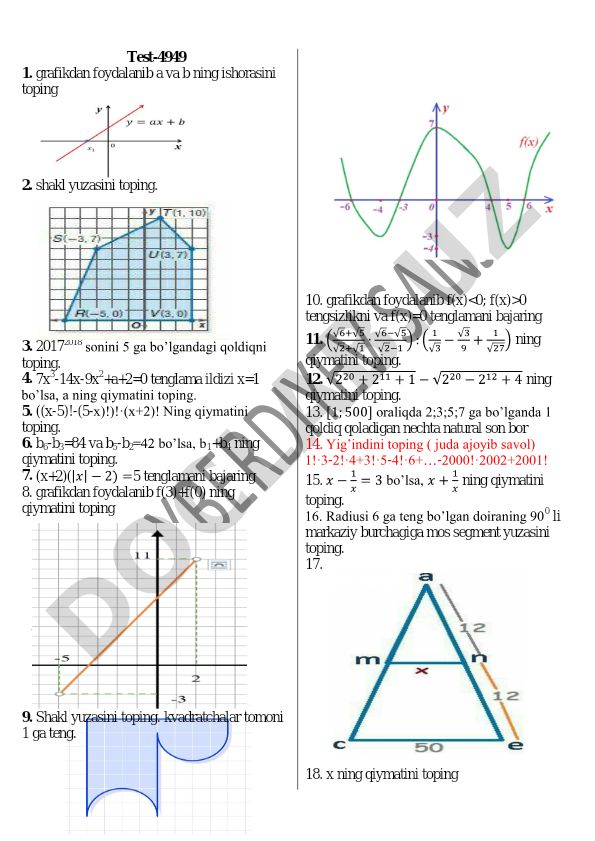 Matematika test savollari va masalalari to'plami