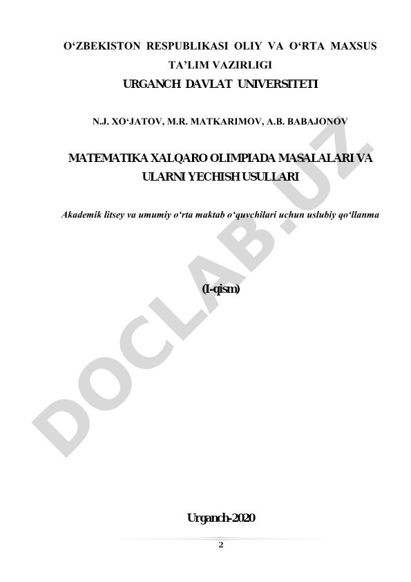 Matematika xalqaro olimpiada masalalari va ularni yechish usullari