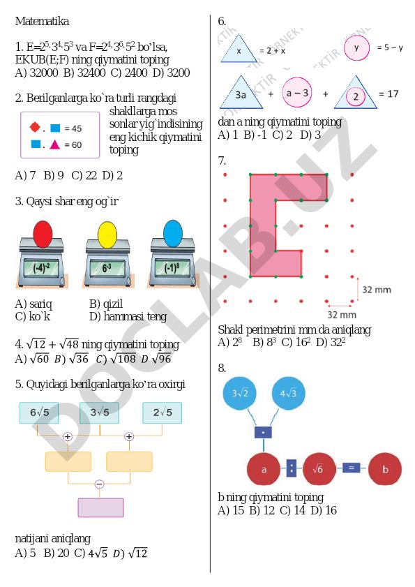 Matematika test savollari va masalalari