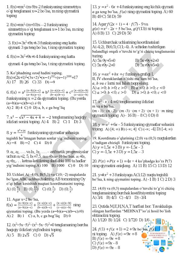 Matematik masalalar to'plami: kvadrat funksiyalar va tenglamalar