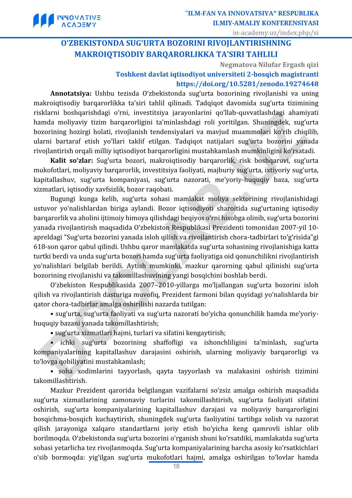 O‘zbekistonda sug‘urta bozorini rivojlantirishning makroiqtisodiy barqarorlikka ta’siri tahlili