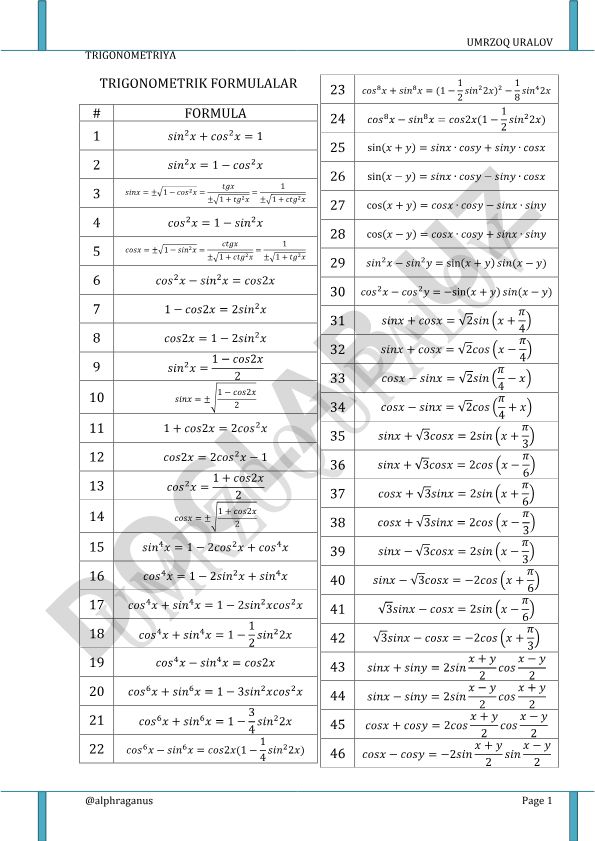 Trigonometrik formulalar to'plami