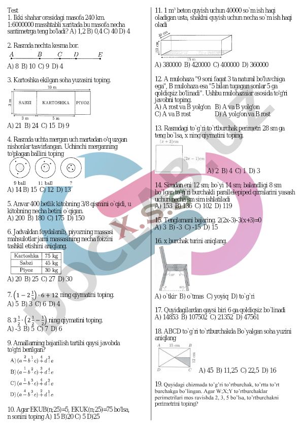 Matematika test savollari va masalalari