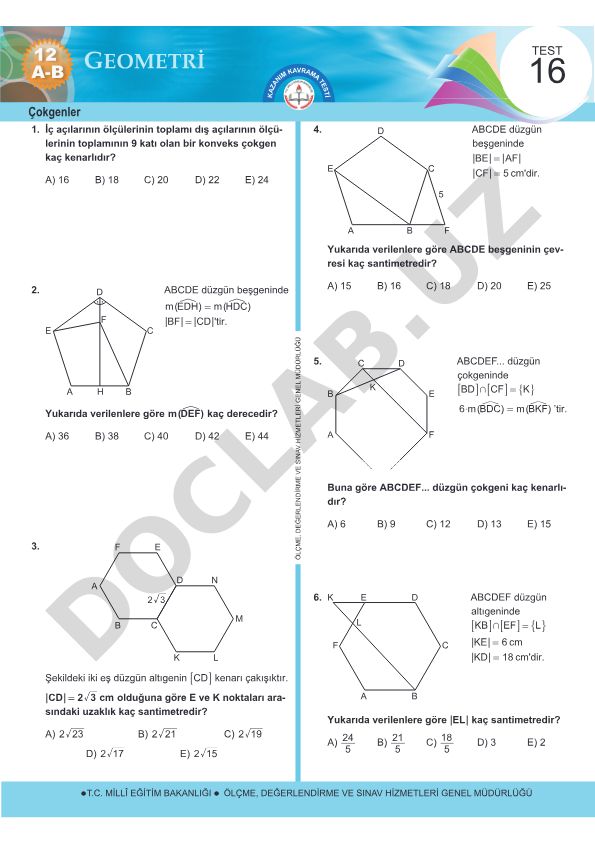 Çokgenler konusunda matematik test soruları