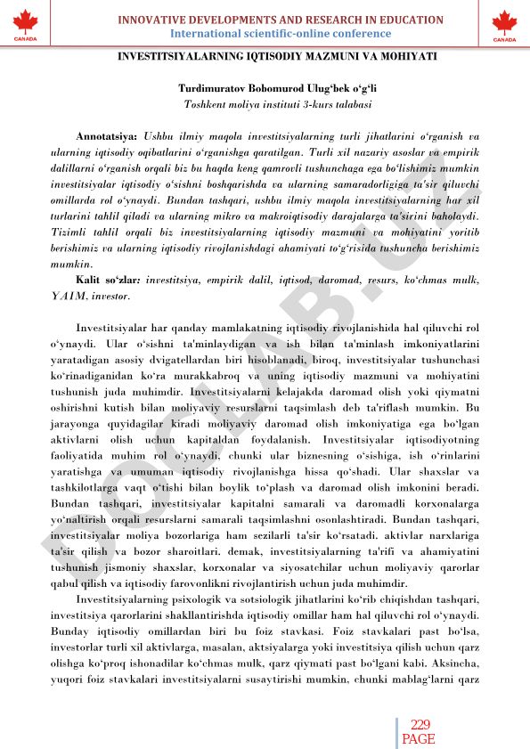 Investitsiyalarning iqtisodiy mazmuni va mohiyati