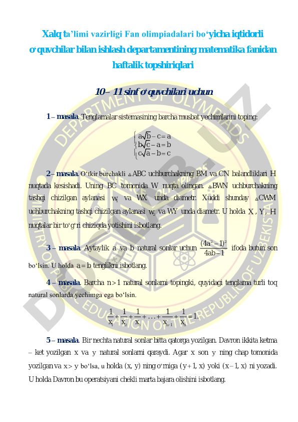 Matematika fanidan haftalik topshiriqlar 10-11 sinf o'quvchilari uchun