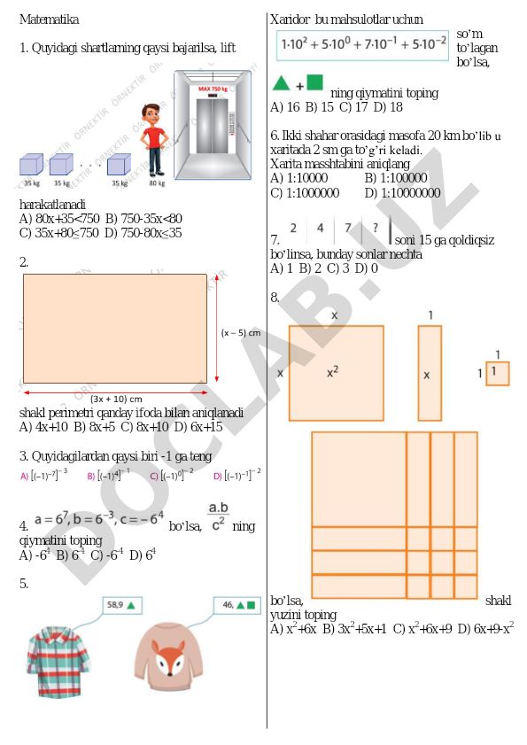 Matematika test savollari va masalalari