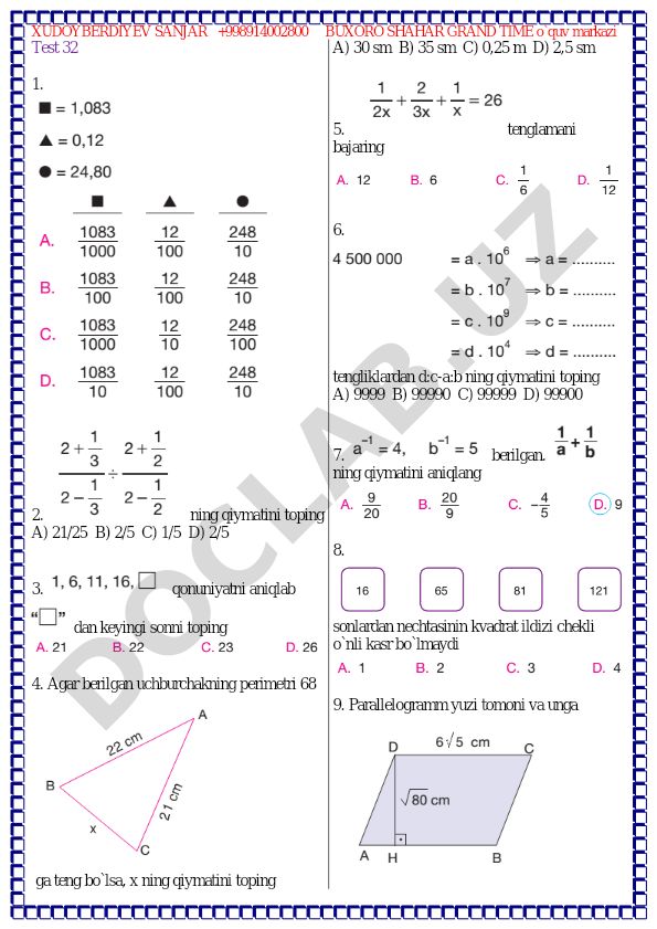 Matematika test savollari va masalalari