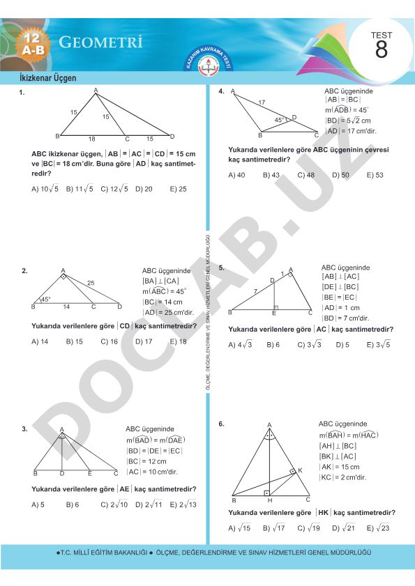 İkizkenar Üçgen Geometri Test Soruları