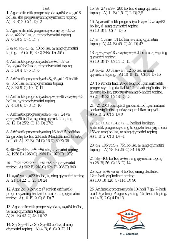 Arifmetik progressiya masalalari to'plami