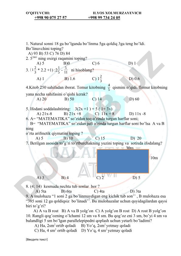 Matematika test savollari va masalalari