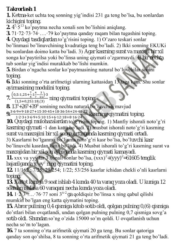 Matematika masalalari to'plami