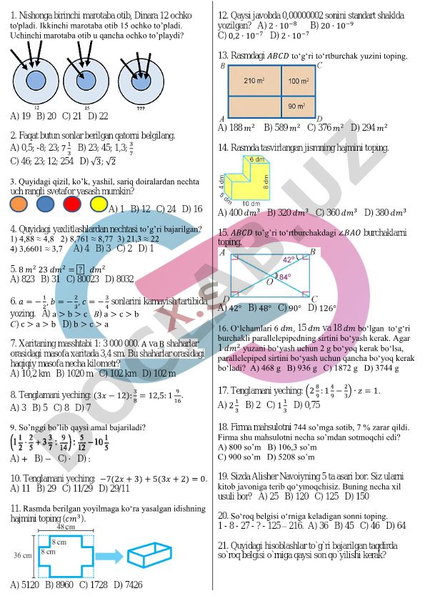 Matematika test savollari to'plami