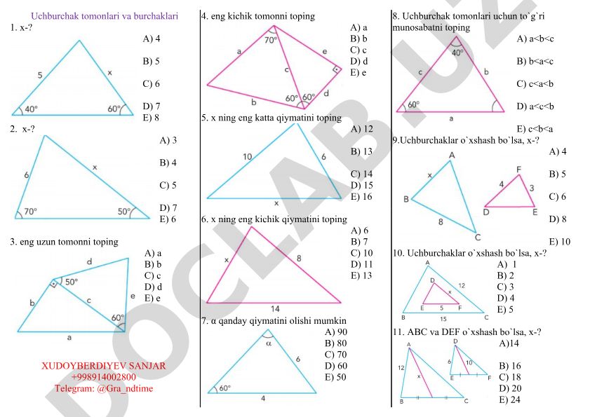 Uchburchak tomonlari va burchaklari bo'yicha test savollari