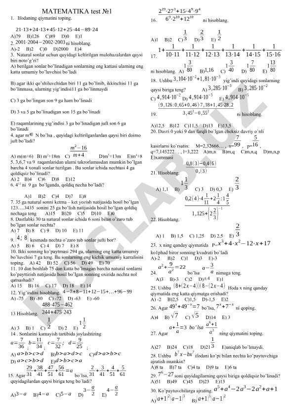 Matematika test savollari va masalalari