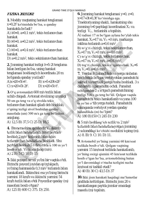 Fizika fanidan test savollari va masalalar
